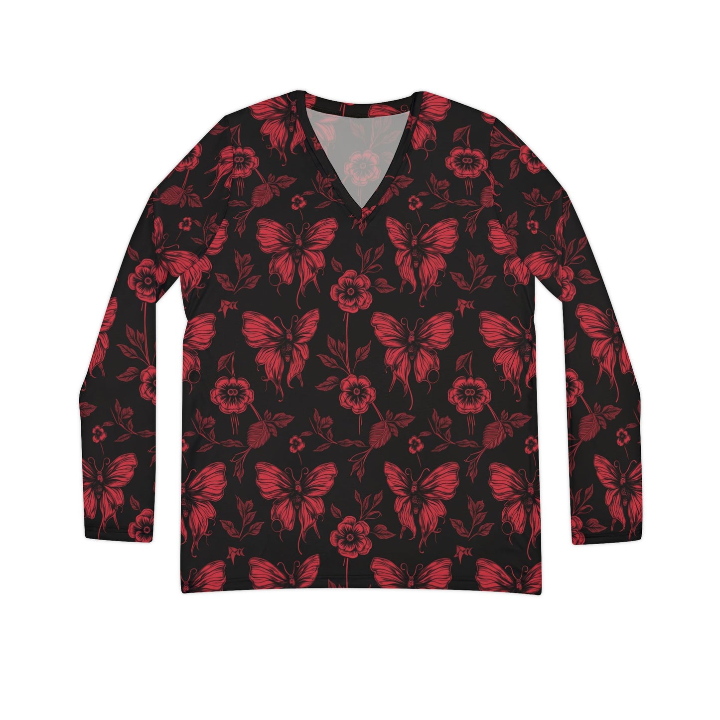 Elegant Butterfly Print Women's Long Sleeve V-Neck Shirt
