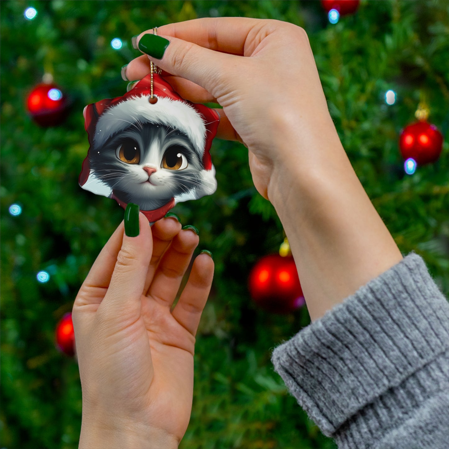 Adorable Cat Holiday Ceramic Ornament, 3 Shapes