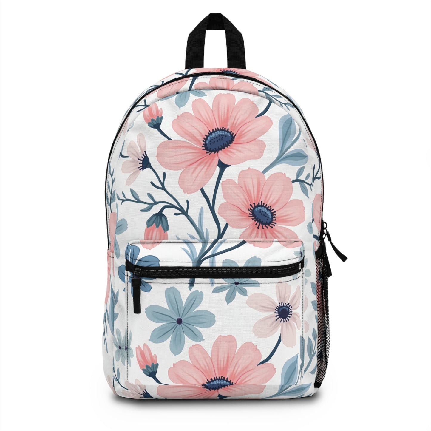 Light Blue and Pink Floral Pattern Backpack - Stylish & Durable School Bag for Women