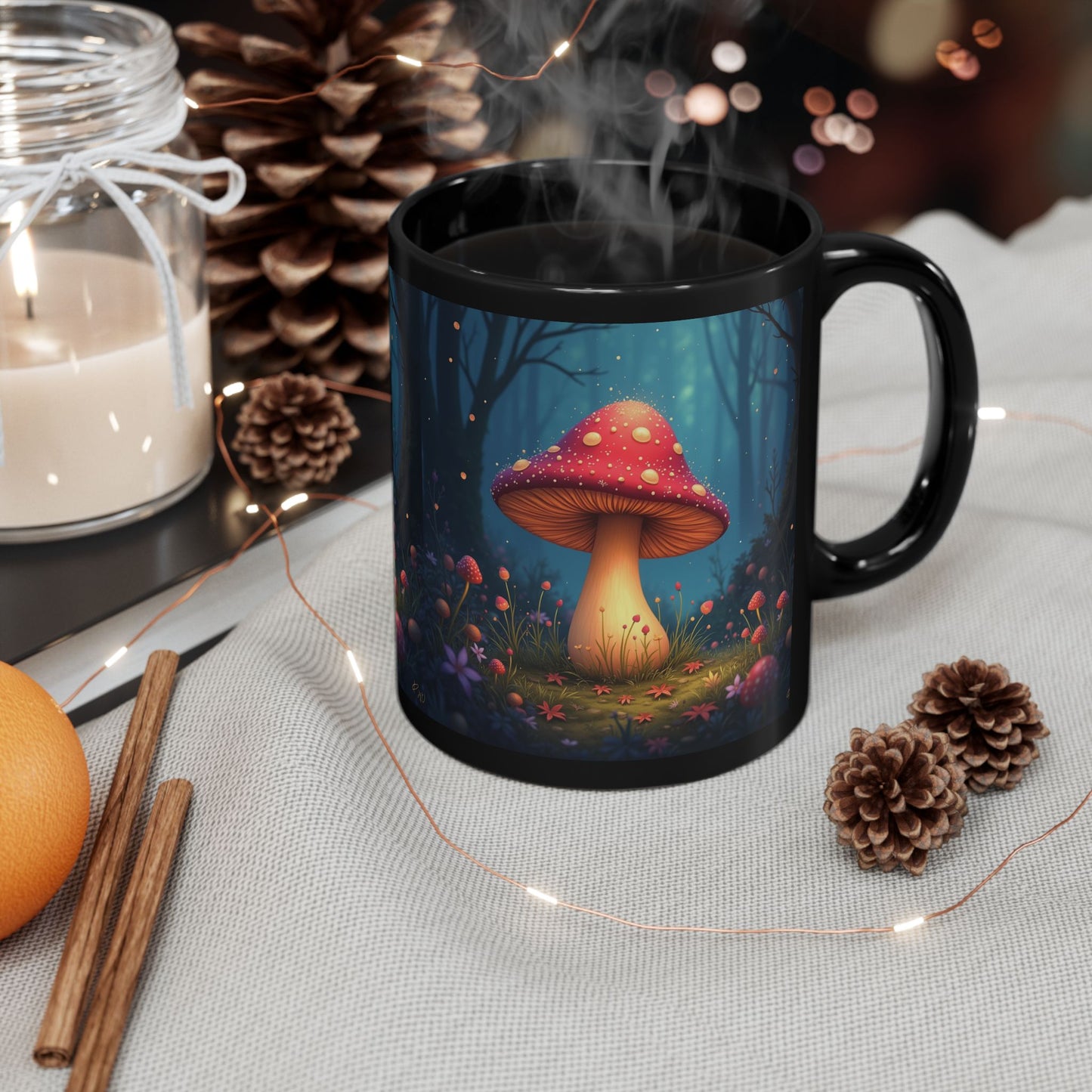 Magical Mushroom Forest Black Mug - Enchanted Forest Design (11oz & 15oz)
