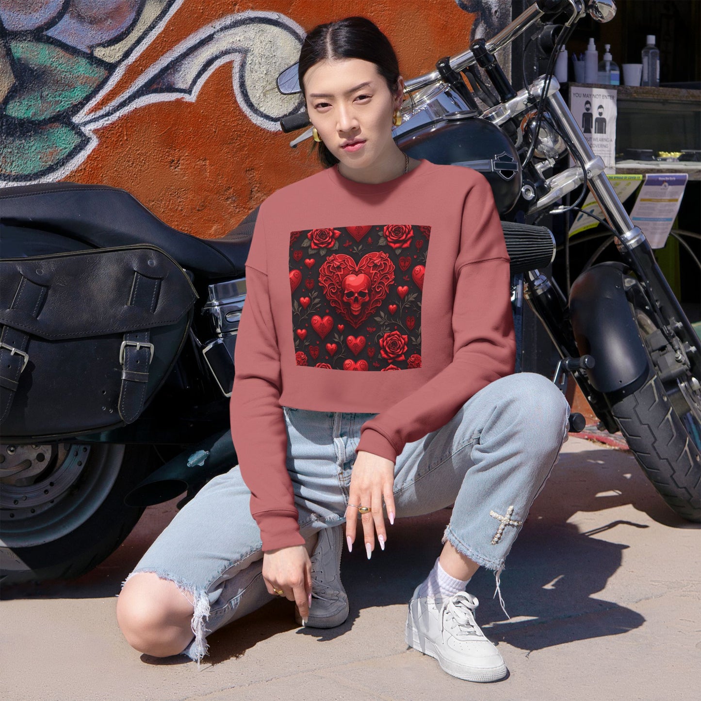Skull Heart Valentine's Women's Cropped Sweatshirt