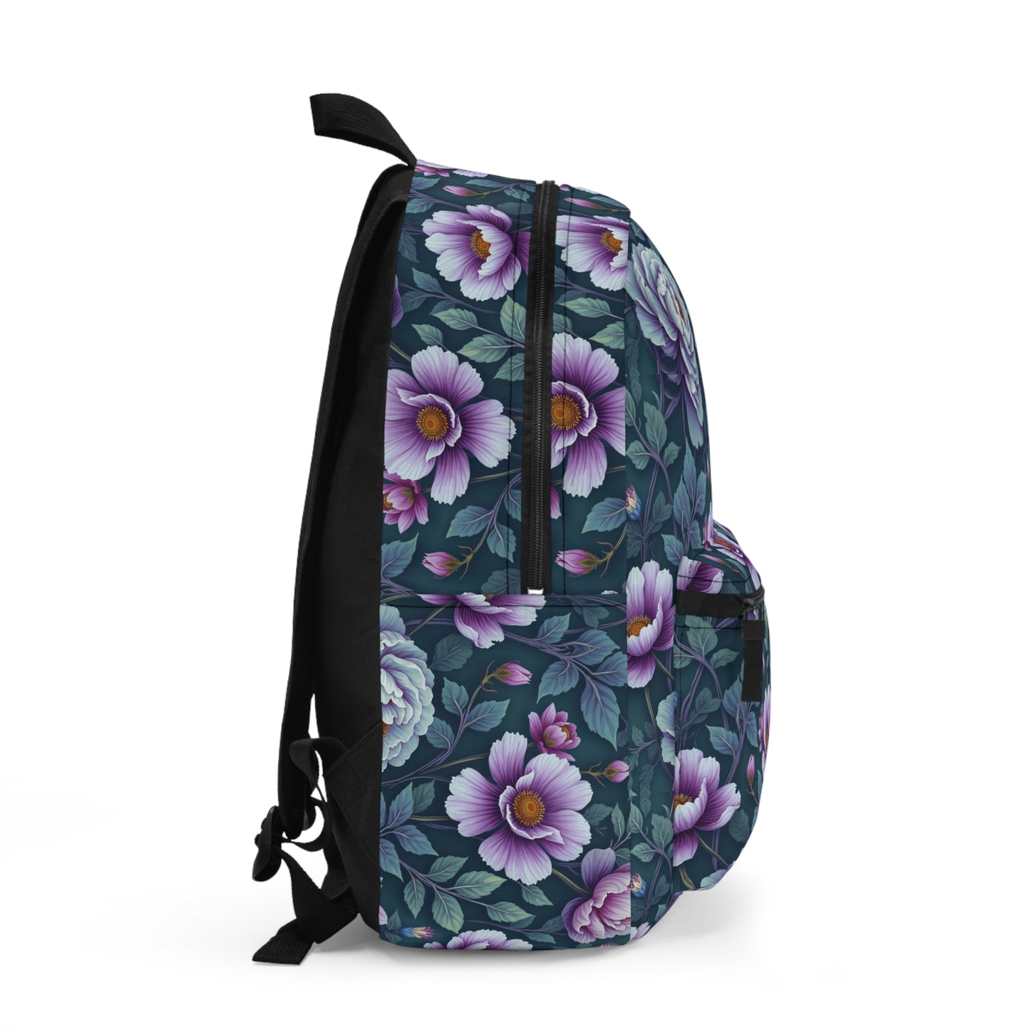 Purple and Blue Flowers Print Backpack - Stylish School & Travel Bag for Nature Lovers