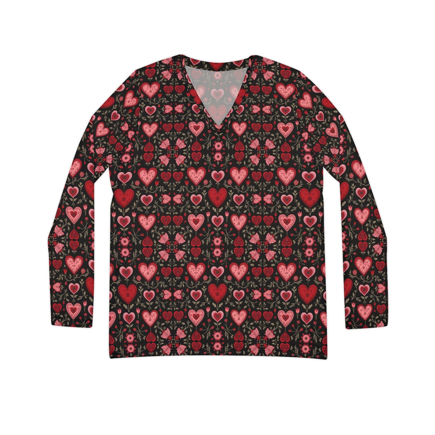 Cartoon Hearts Women's Long Sleeve V-neck Shirt (AOP)
