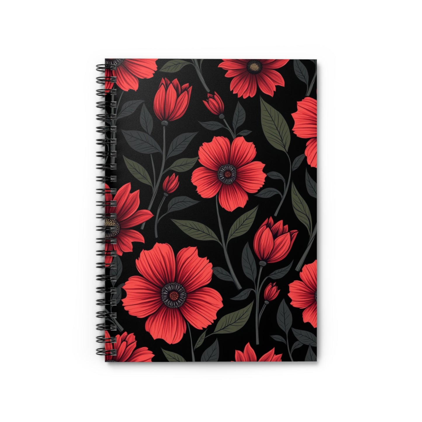 Bright Red Florals Spiral Notebook - Elegant Red Flowers on Black Background