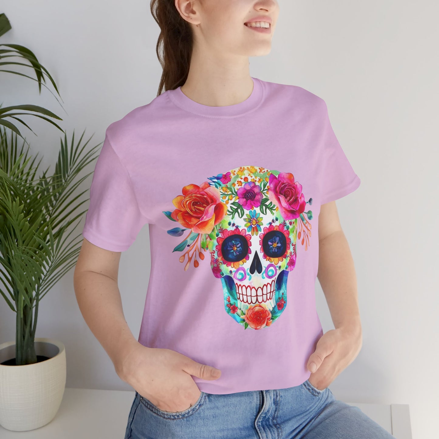 Day of the Dead Floral Sugar Skull Unisex Jersey Short Sleeve Tee