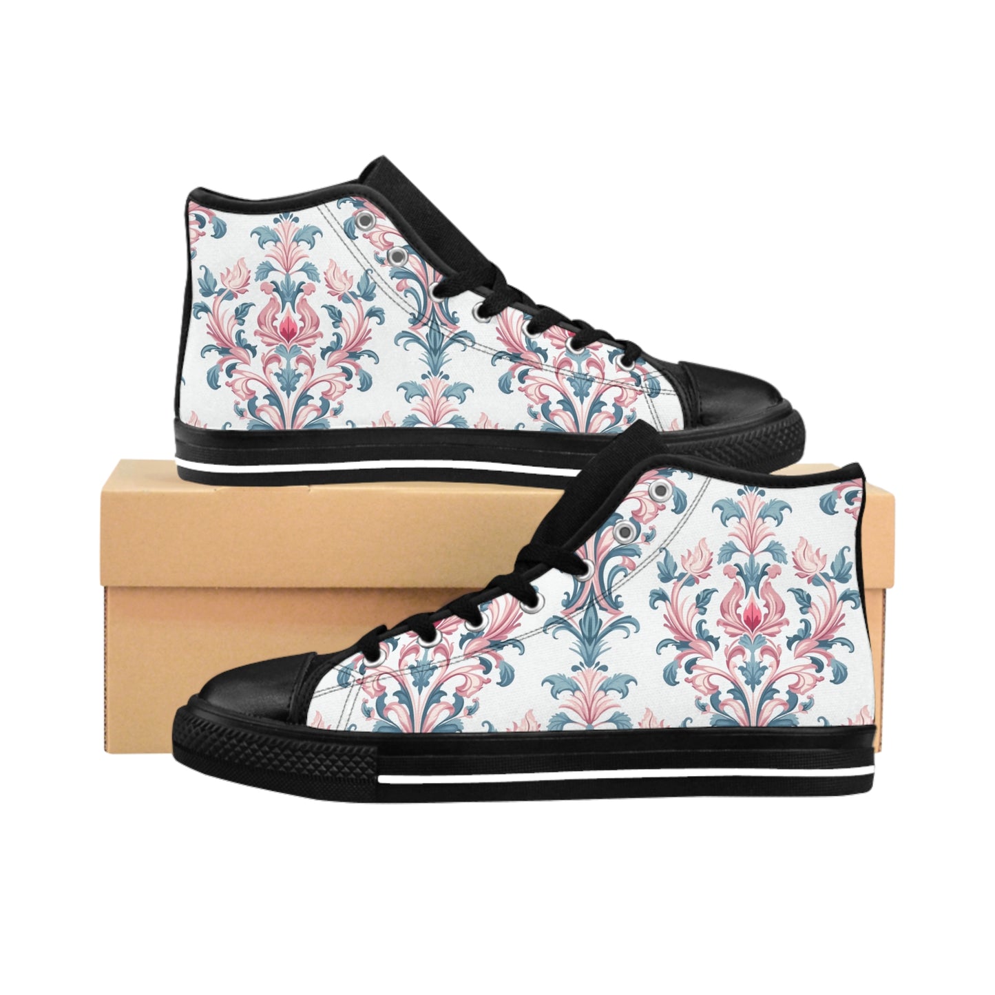 Pink and Blue Watercolor Damask Pattern Women's Classic Sneakers
