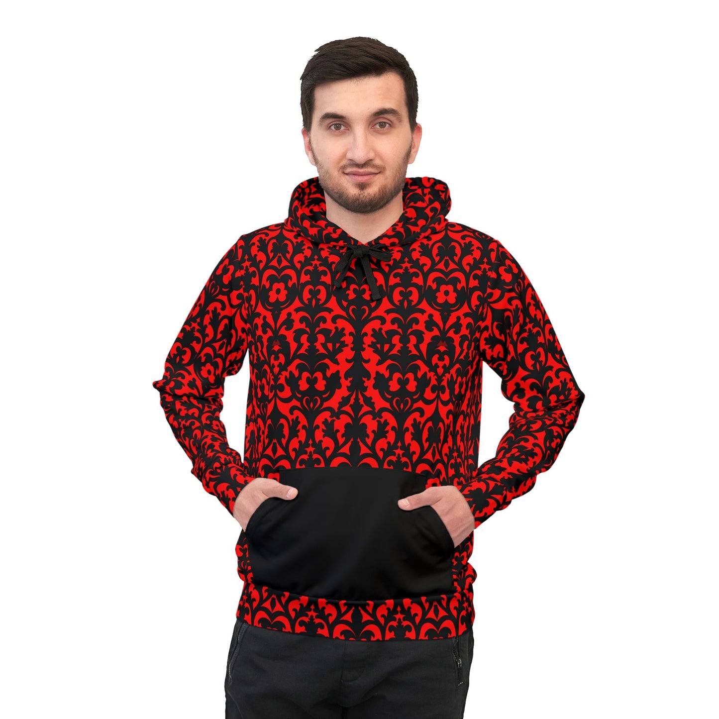 Red and Black Damask Gothic Wallpaper Style Pattern Athletic Hoodie (AOP)