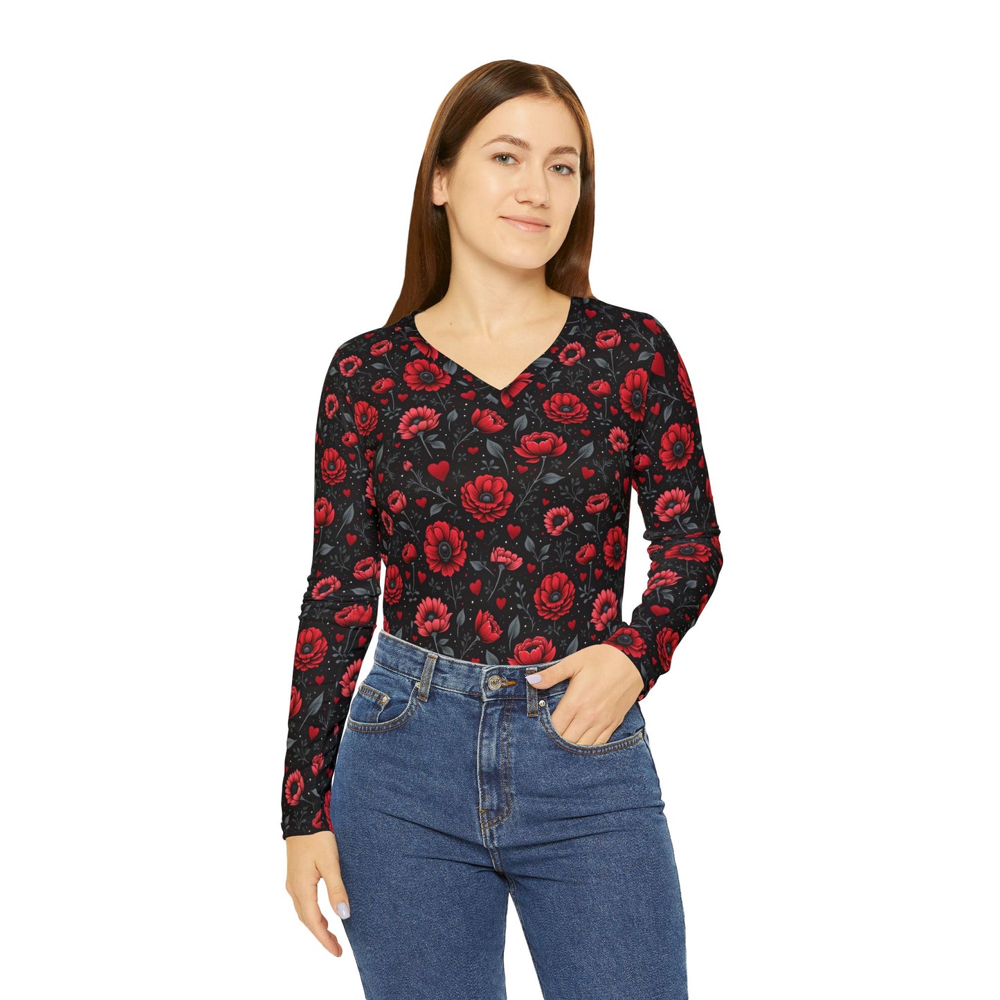 Black Long Sleeve Shirt with Bright Red Flowers