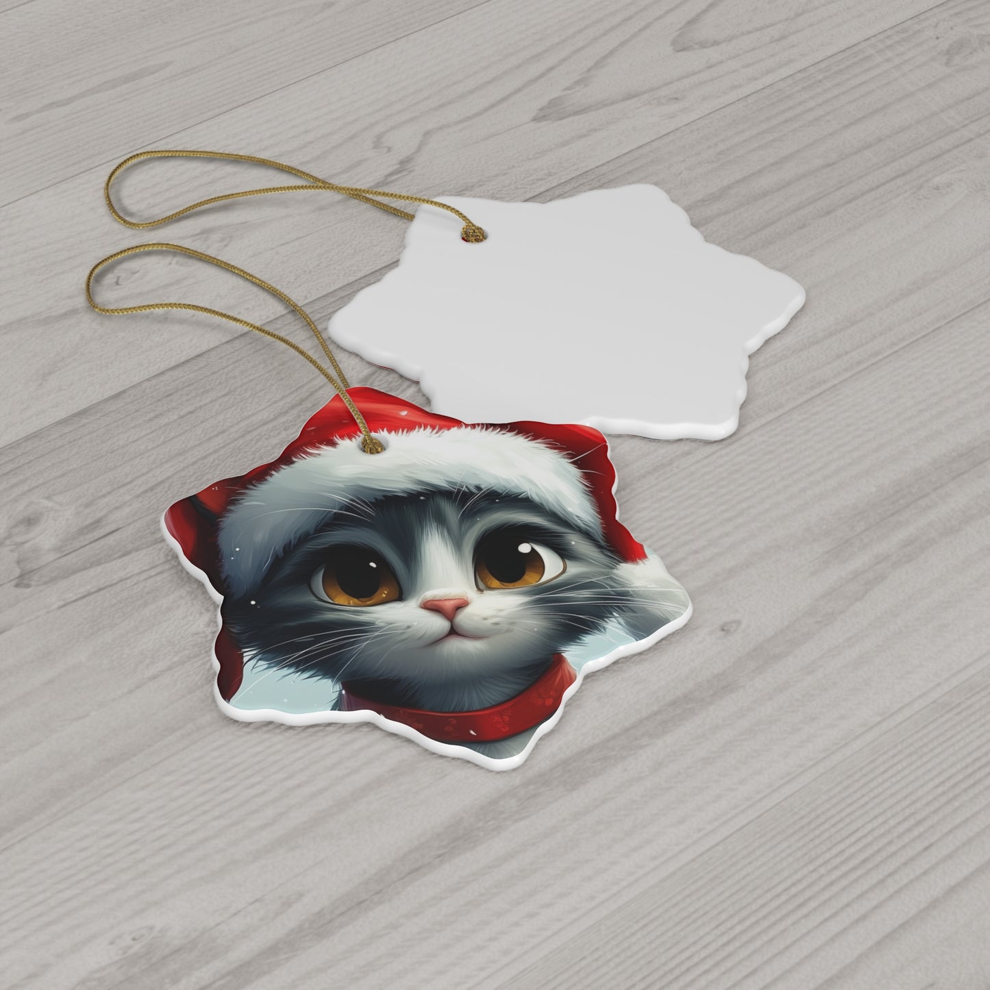 Adorable Cat Holiday Ceramic Ornament, 3 Shapes