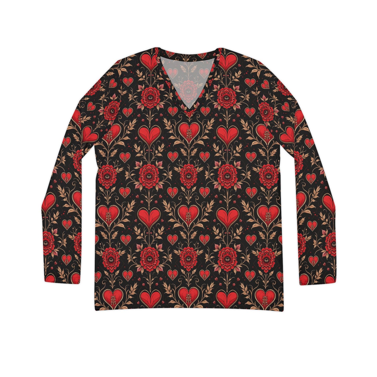 Heart Rose Women's Long Sleeve V-neck Shirt (AOP)