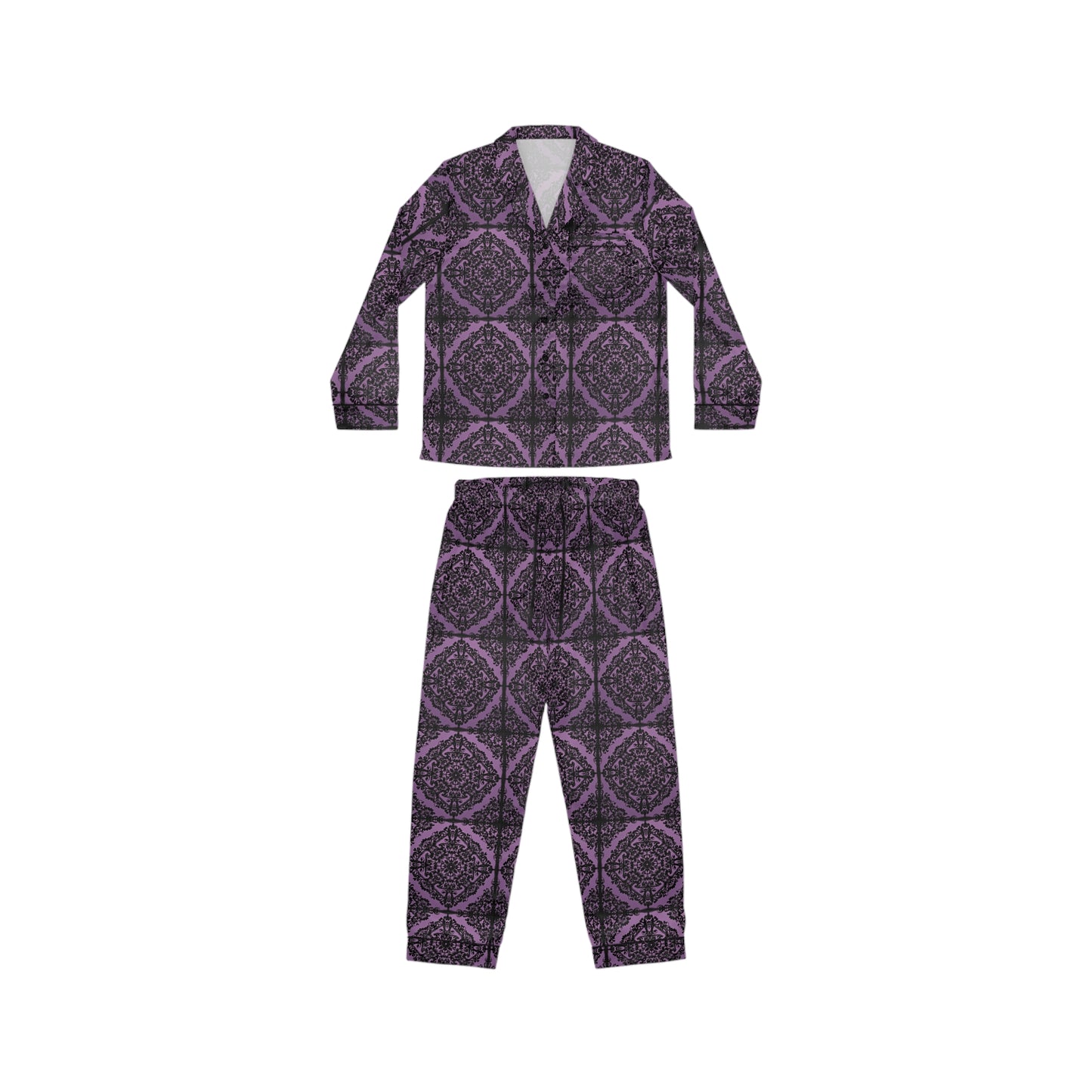 Intricate Black and Purple Pattern Women's Satin Pajamas (AOP)