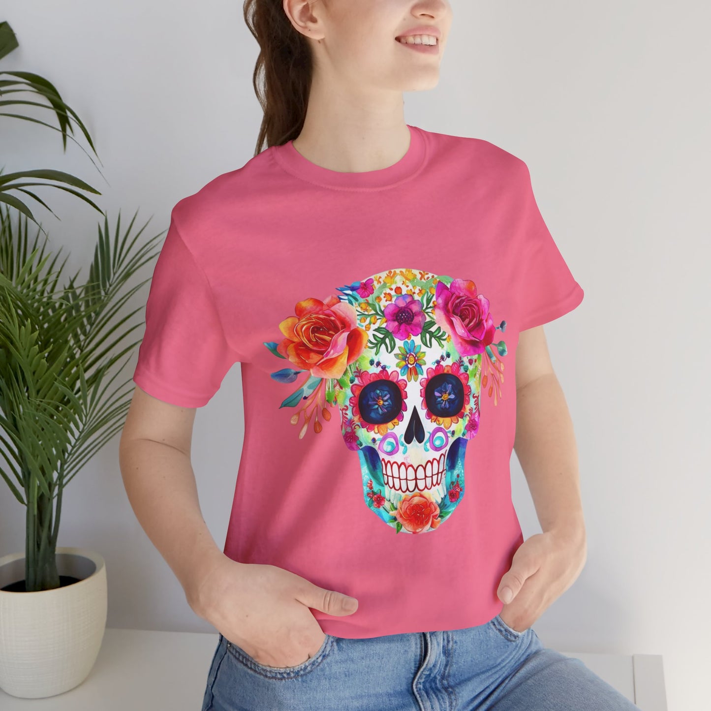 Day of the Dead Floral Sugar Skull Unisex Jersey Short Sleeve Tee