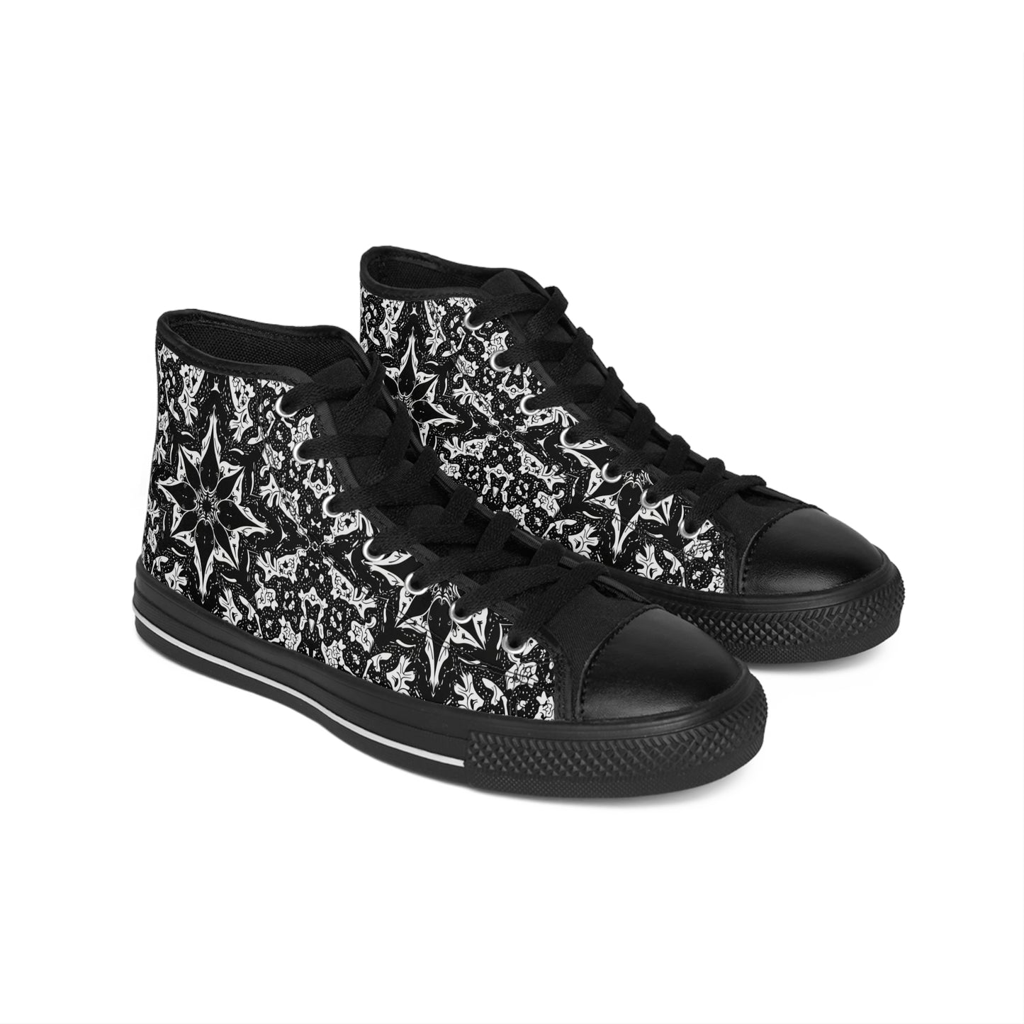 Black and White Lace Star Pattern Women's Classic Sneakers