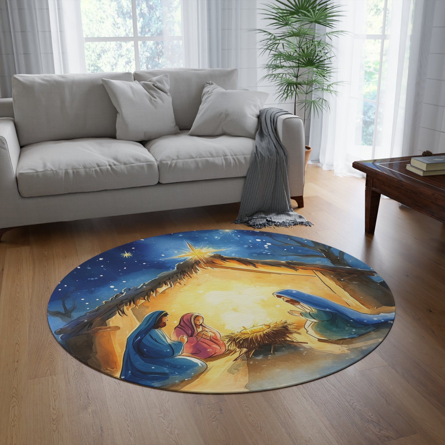 Watercolor Nativity Round Rug