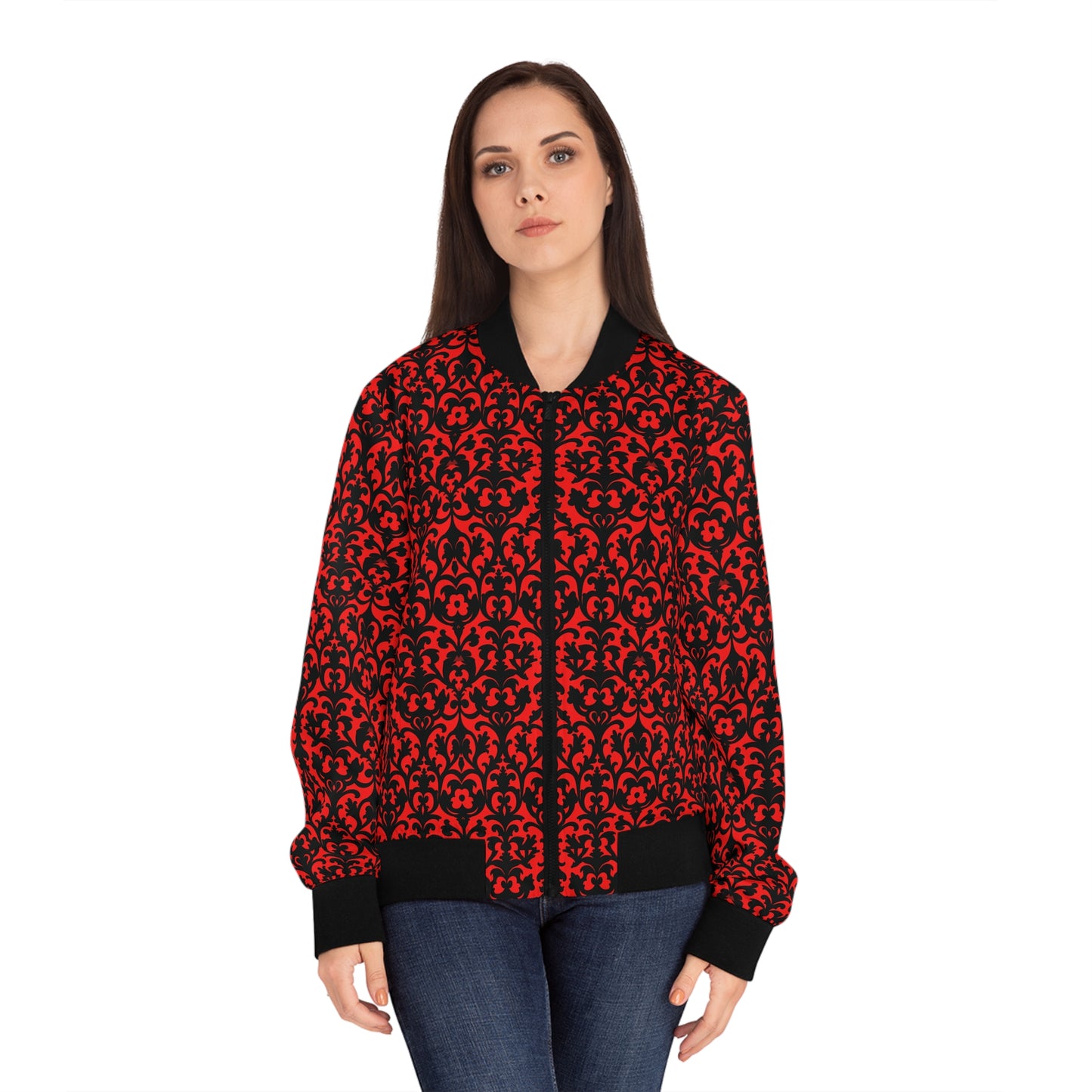 Red Victorian Gothic Damask Women's Bomber Jacket (AOP)