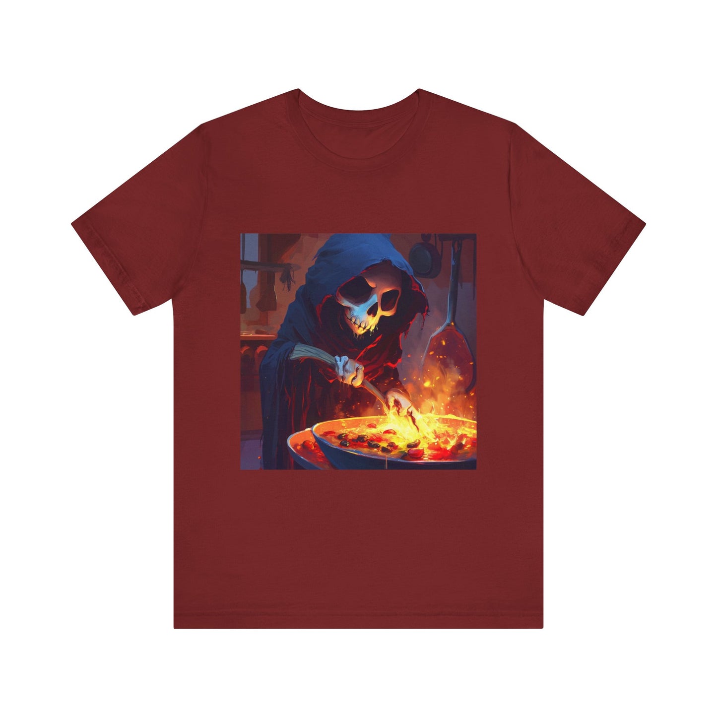 Fiery Grim Reaper Cooking Unisex Jersey Short Sleeve Tee