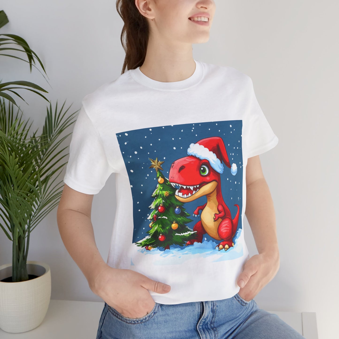 Red T-Rex Christmas Unisex Jersey Short Sleeve Tee