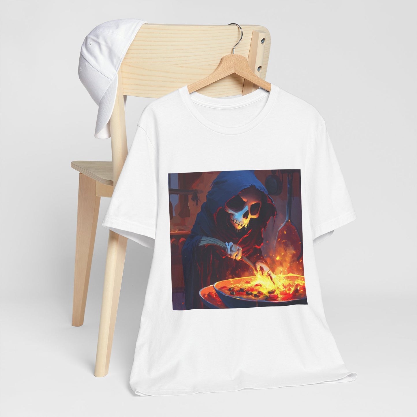 Fiery Grim Reaper Cooking Unisex Jersey Short Sleeve Tee