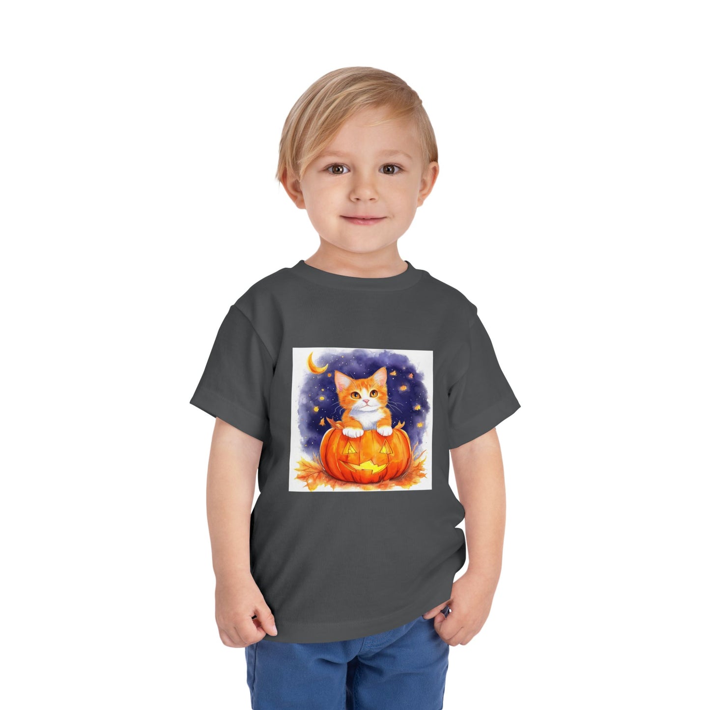 Fuzzy Halloween Pumpkin Cat Toddler Short Sleeve Tee