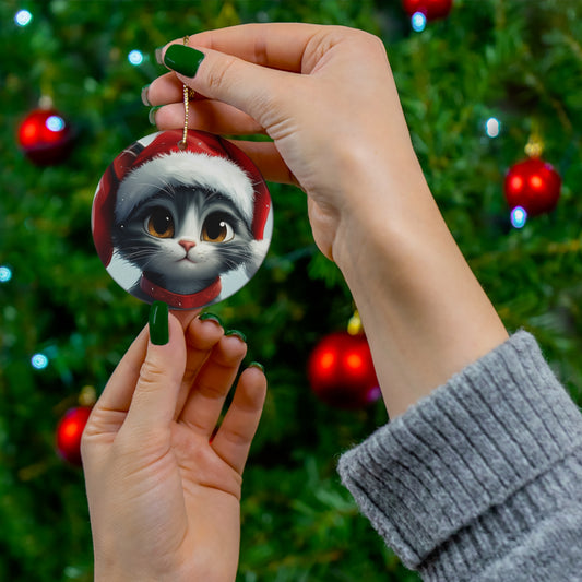 Adorable Cat Holiday Ceramic Ornament, 3 Shapes