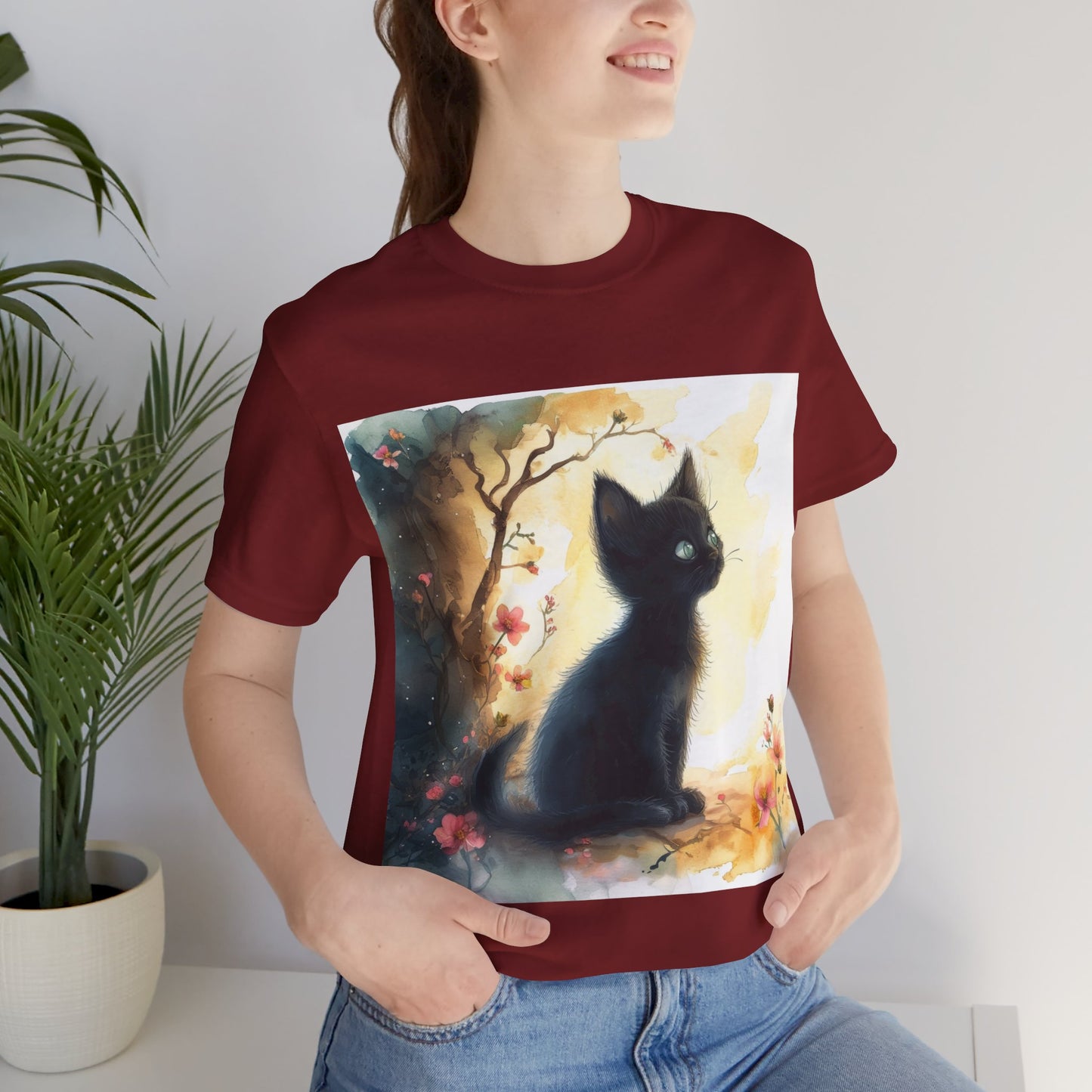 Floral Black Kitten Unisex Jersey Short Sleeve Tee