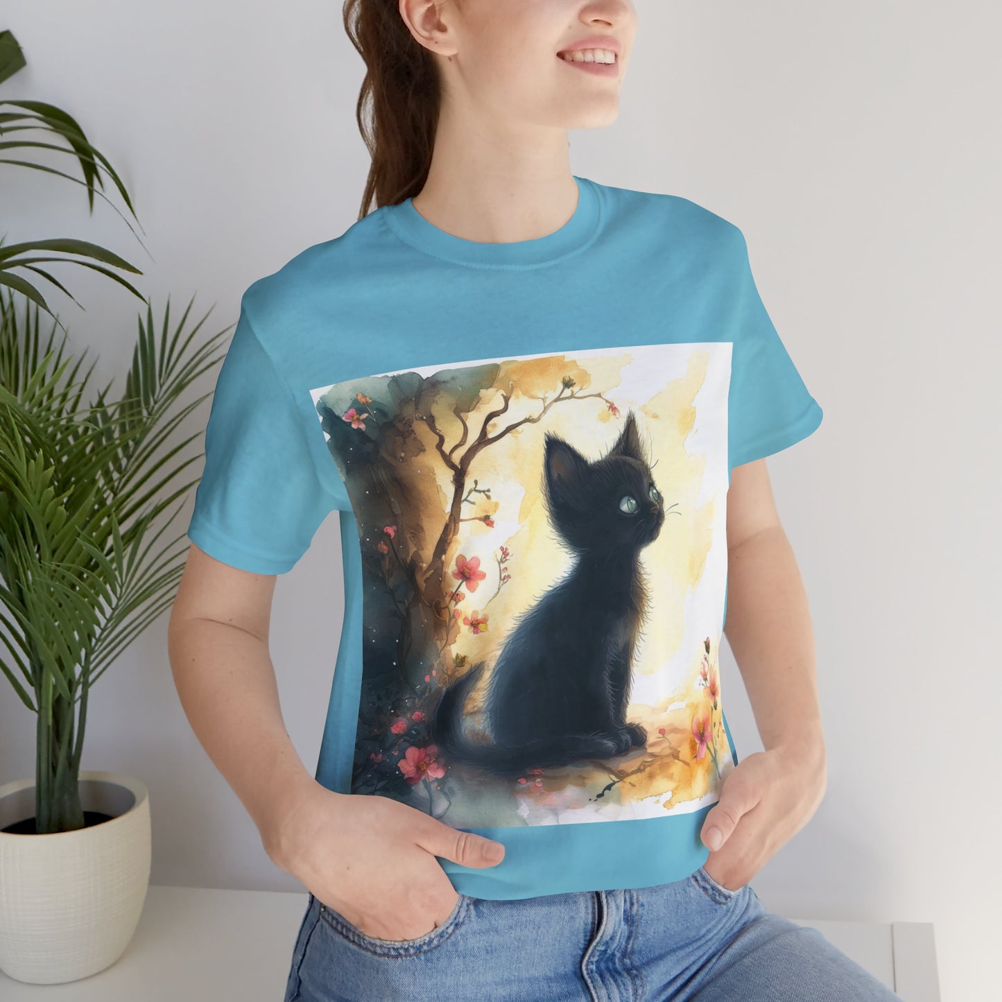 Floral Black Kitten Unisex Jersey Short Sleeve Tee