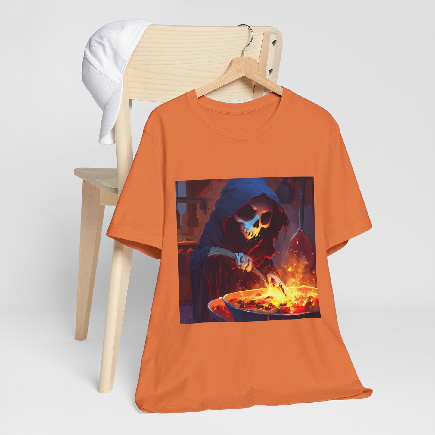 Fiery Grim Reaper Cooking Unisex Jersey Short Sleeve Tee