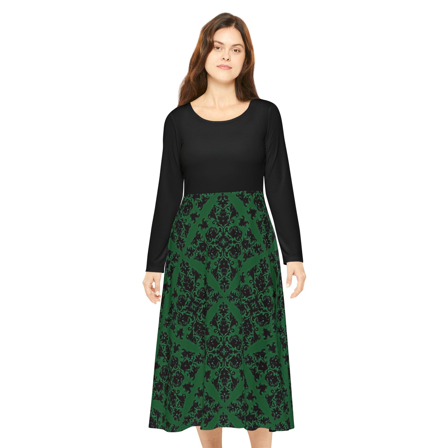 Green Victorian Gothic Pattern Women's Long Sleeve Dance Dress (AOP)