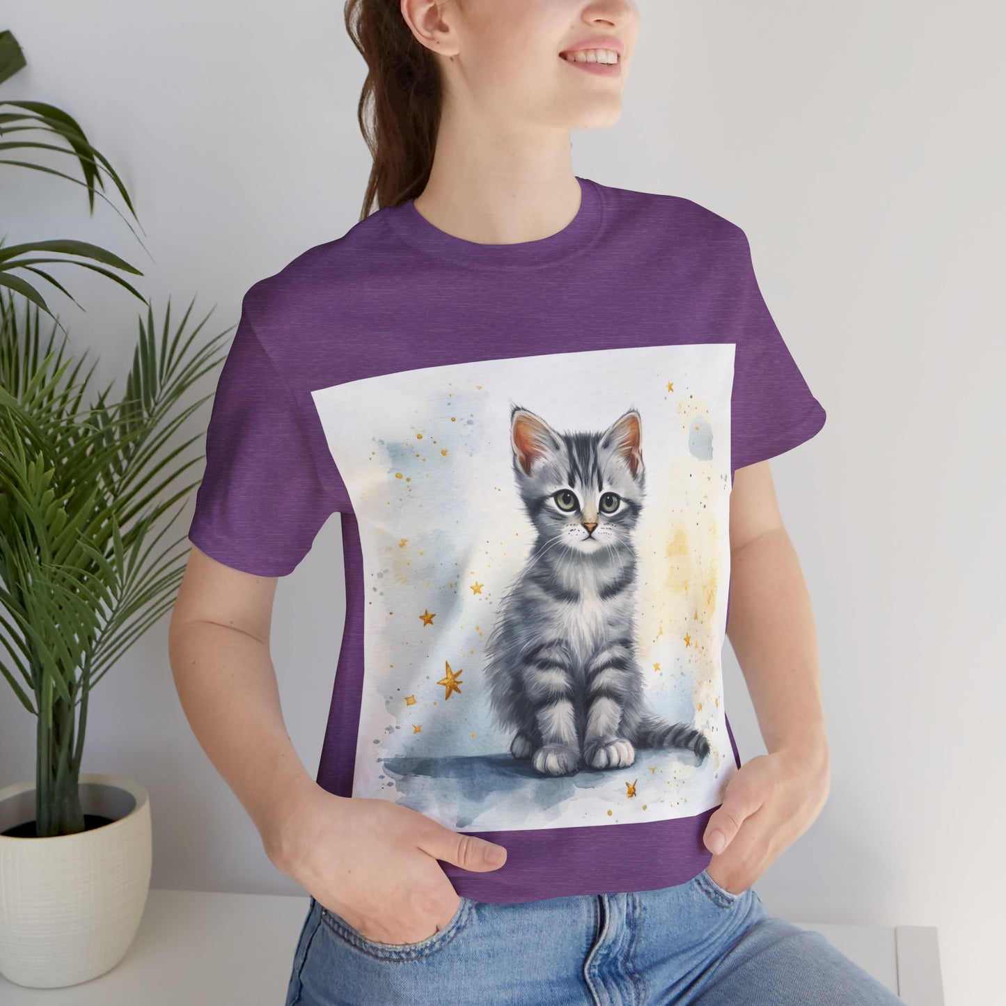 Watercolor Gray Striped Kitten Unisex Jersey Short Sleeve Tee