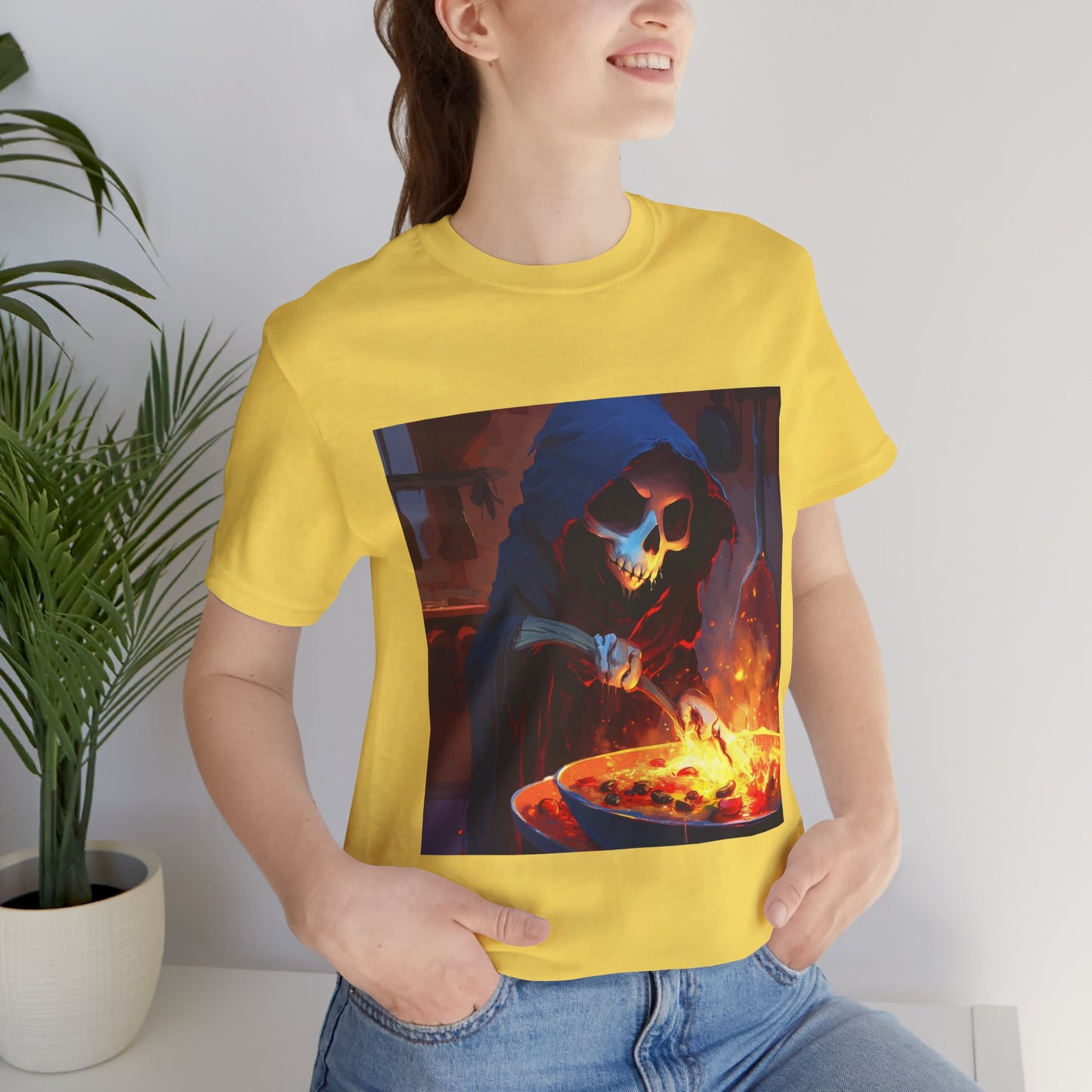 Fiery Grim Reaper Cooking Unisex Jersey Short Sleeve Tee