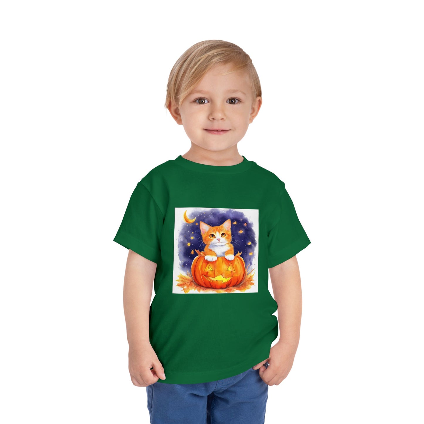 Fuzzy Halloween Pumpkin Cat Toddler Short Sleeve Tee