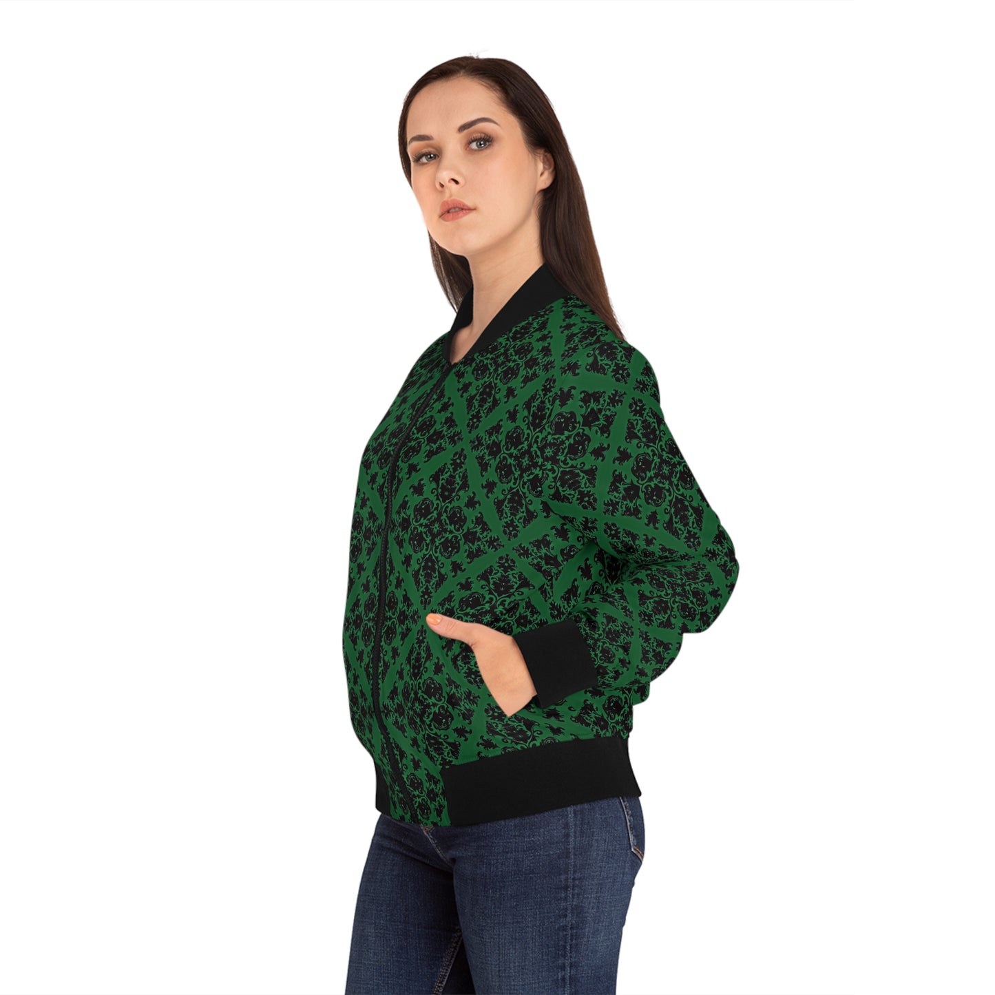 Green Victorian Gothic Pattern Women's Bomber Jacket (AOP)