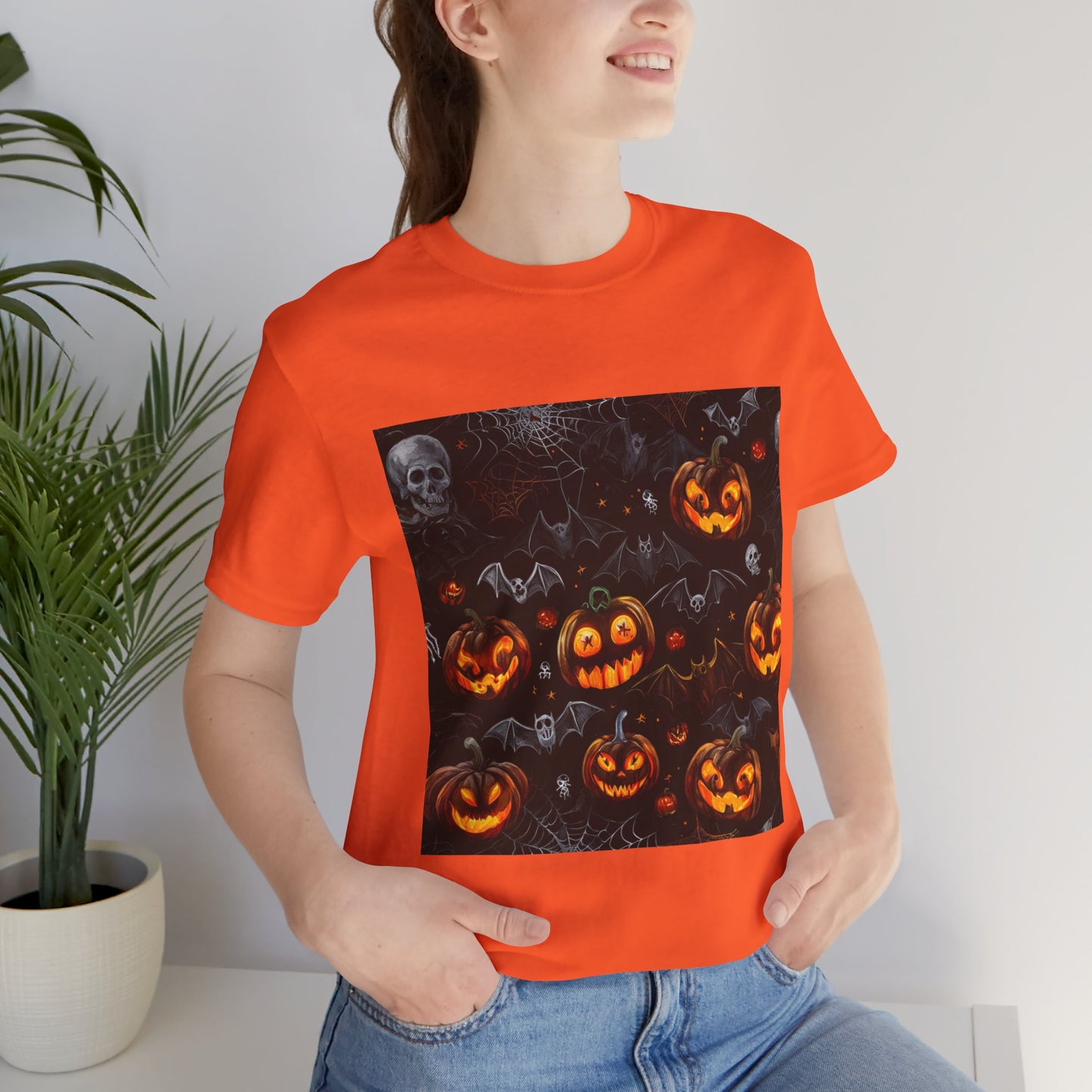 Spooky Pumpkin and Bats Pattern Unisex Jersey Short Sleeve Tee