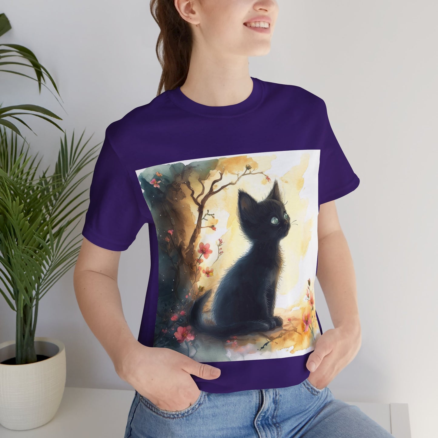 Floral Black Kitten Unisex Jersey Short Sleeve Tee