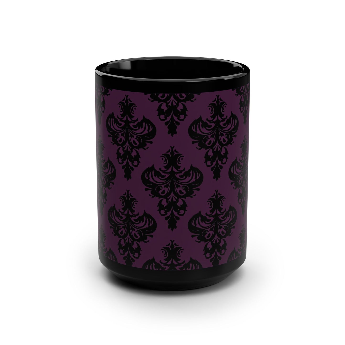 Purple and Black Victorian Damask Pattern Black Mug, 15oz