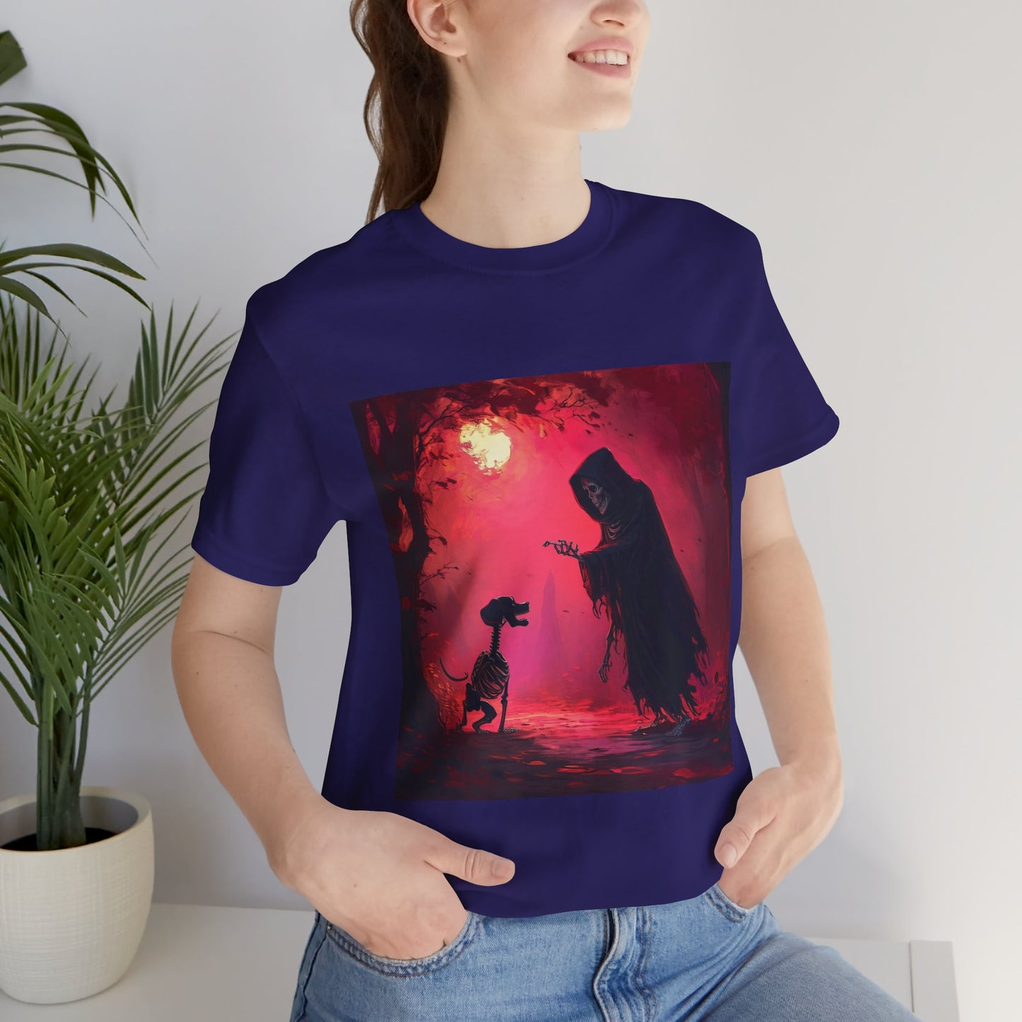 Grim Reaper Walking his DogUnisex Jersey Short Sleeve Tee