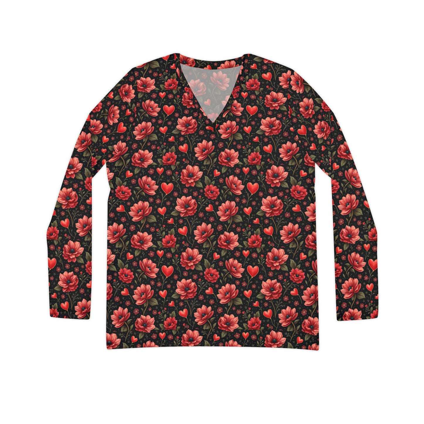 Harlequin Poppy Pattern Women's Long Sleeve V-neck Shirt (AOP)