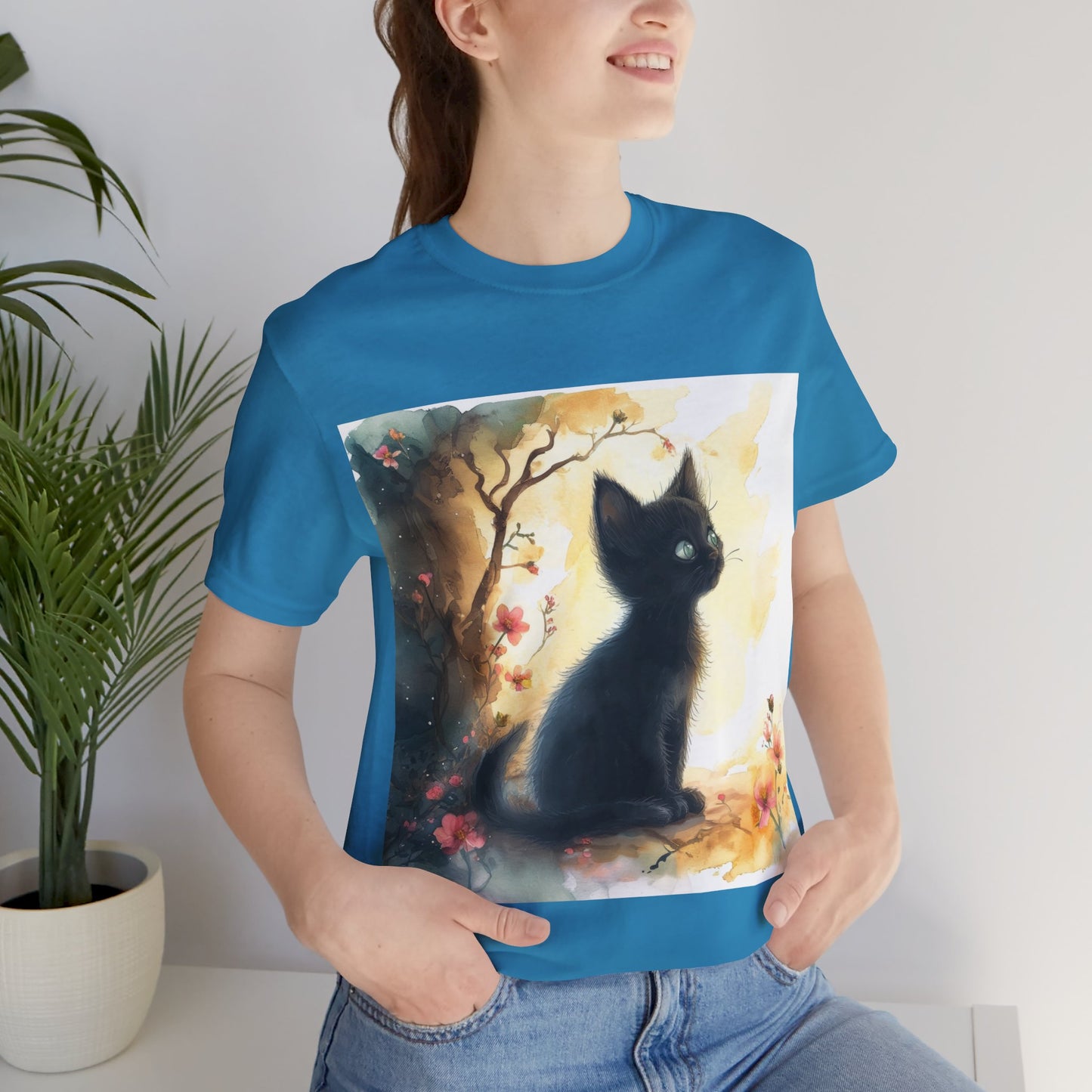 Floral Black Kitten Unisex Jersey Short Sleeve Tee