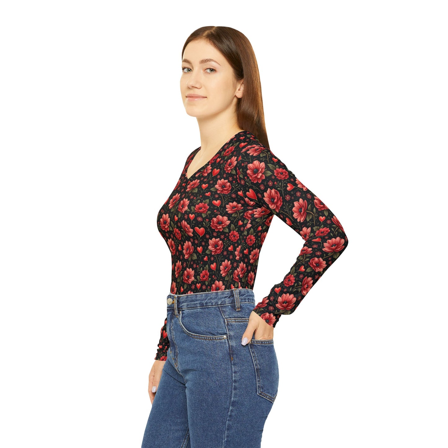 Harlequin Poppy Pattern Women's Long Sleeve V-neck Shirt (AOP)