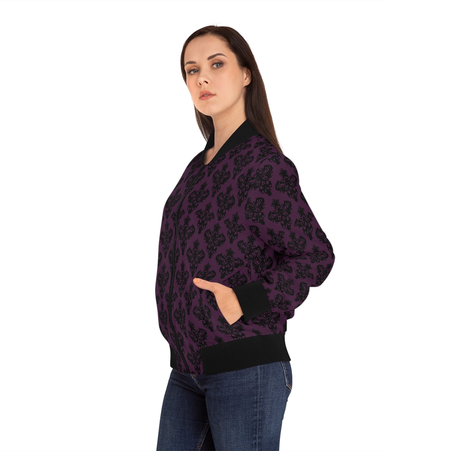 Purple and Black Victorian Gothic Pattern Women's Bomber Jacket (AOP)