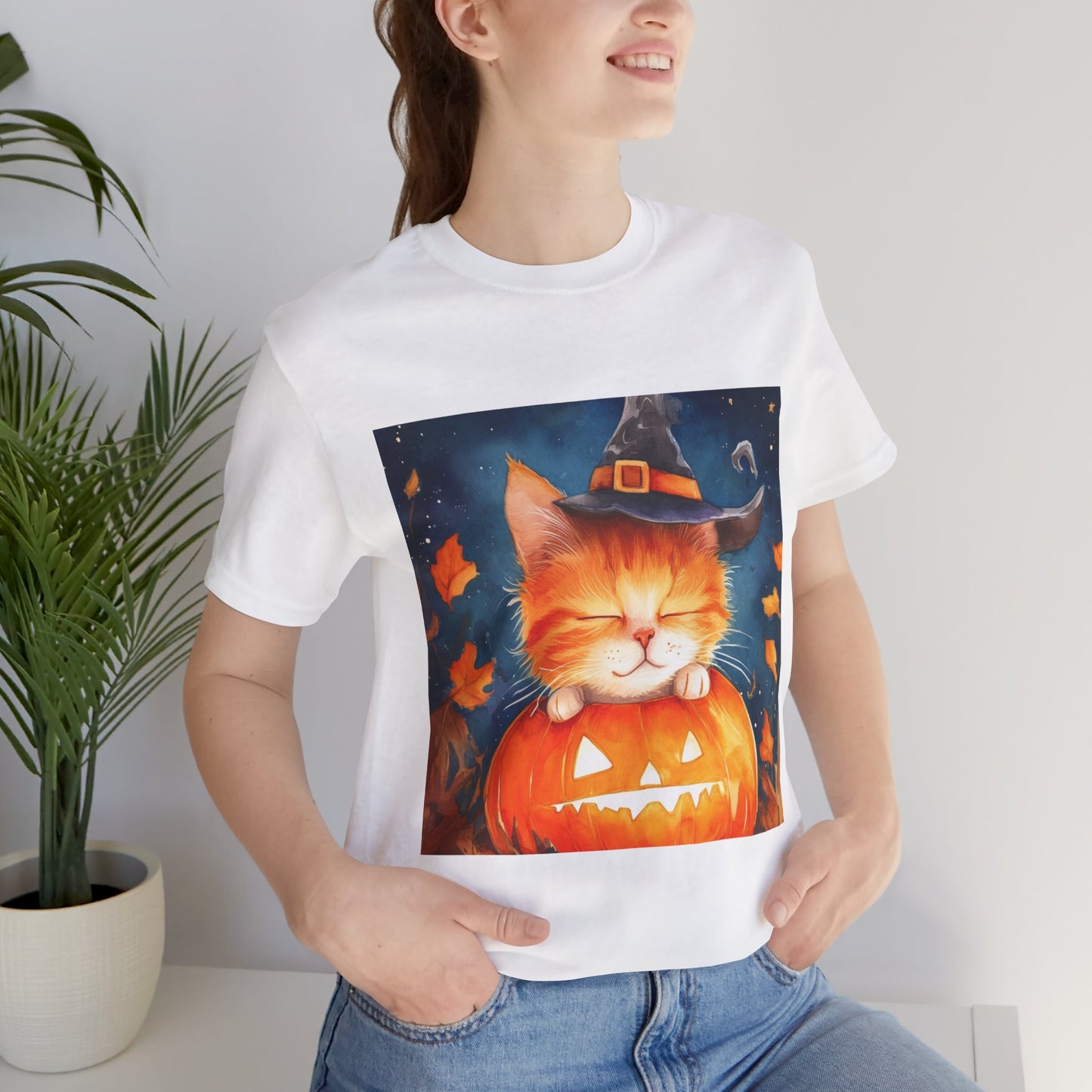 Cute Orange Cat on a pumpkin Unisex Jersey Short Sleeve Tee