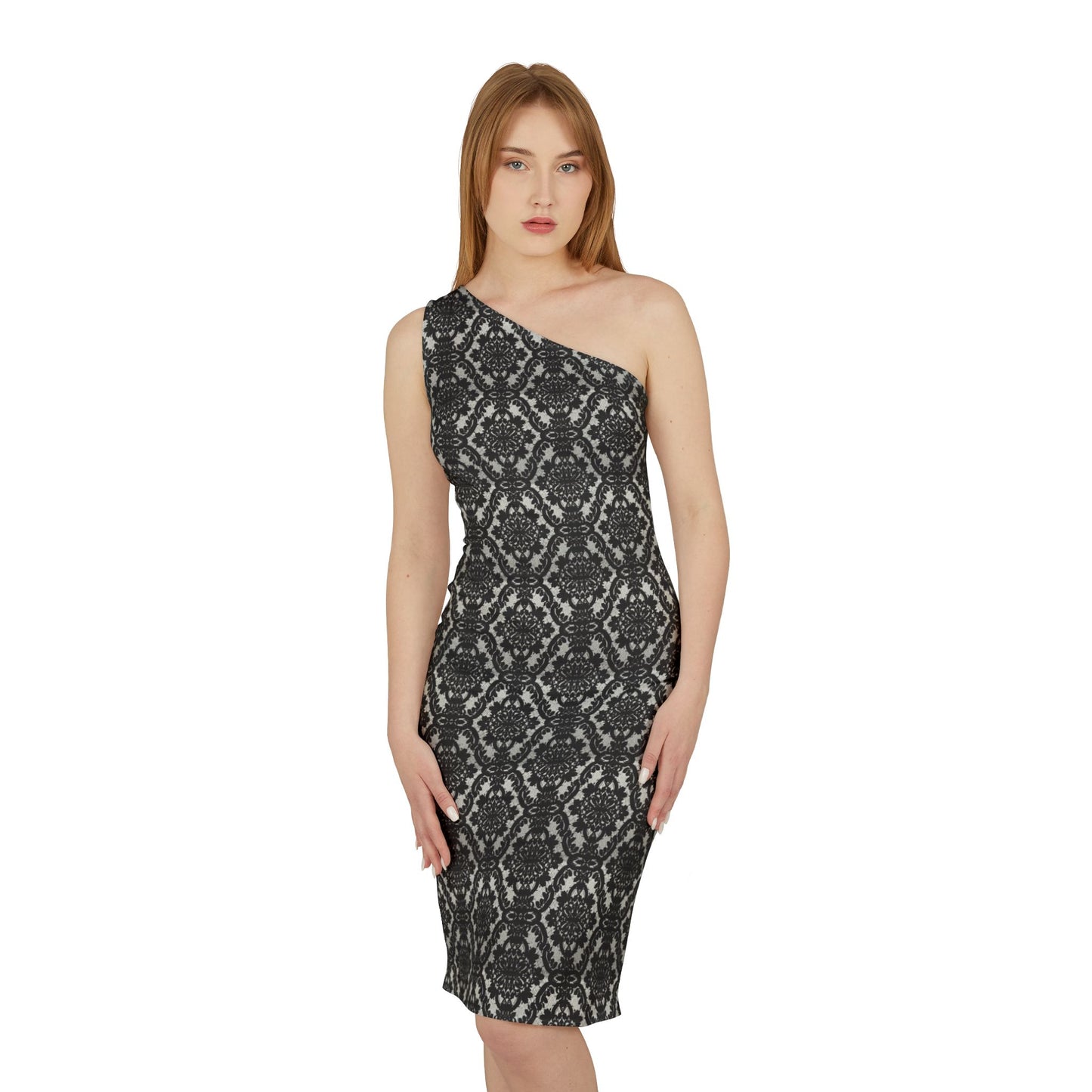 Gray and Black Lace Pattern Shoulder Dress (AOP)