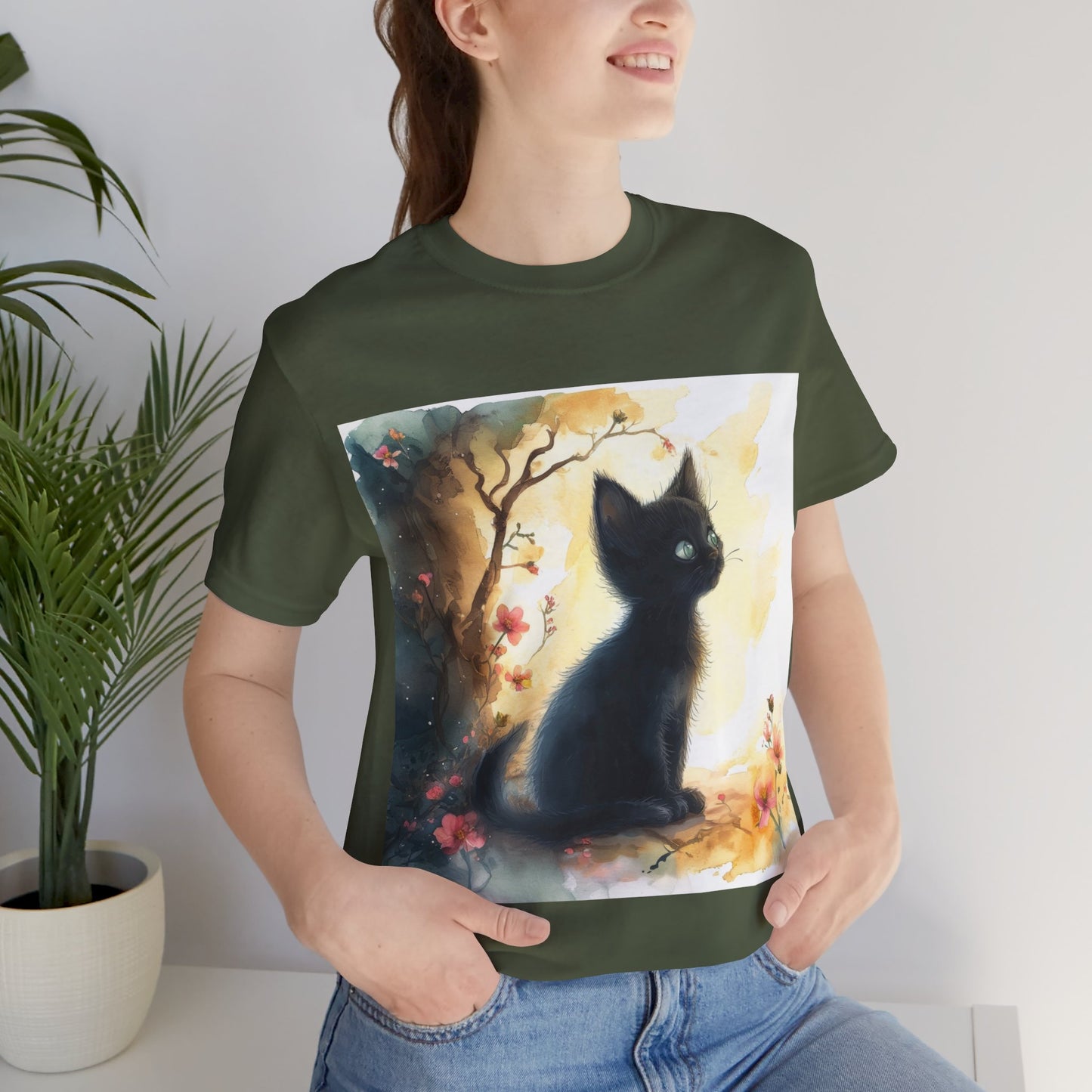 Floral Black Kitten Unisex Jersey Short Sleeve Tee