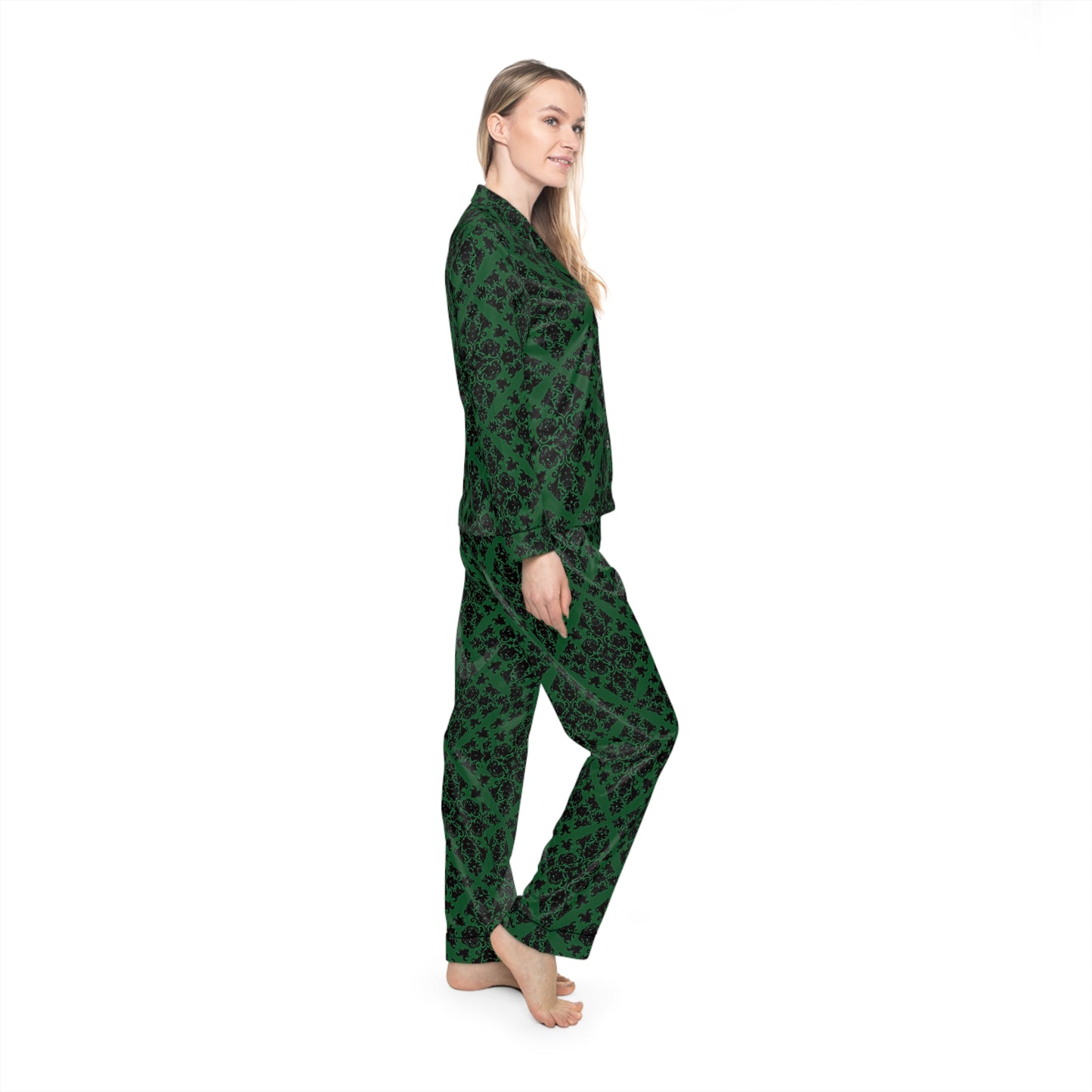 Green Victorian Gothic Pattern Women's Satin Pajamas (AOP)