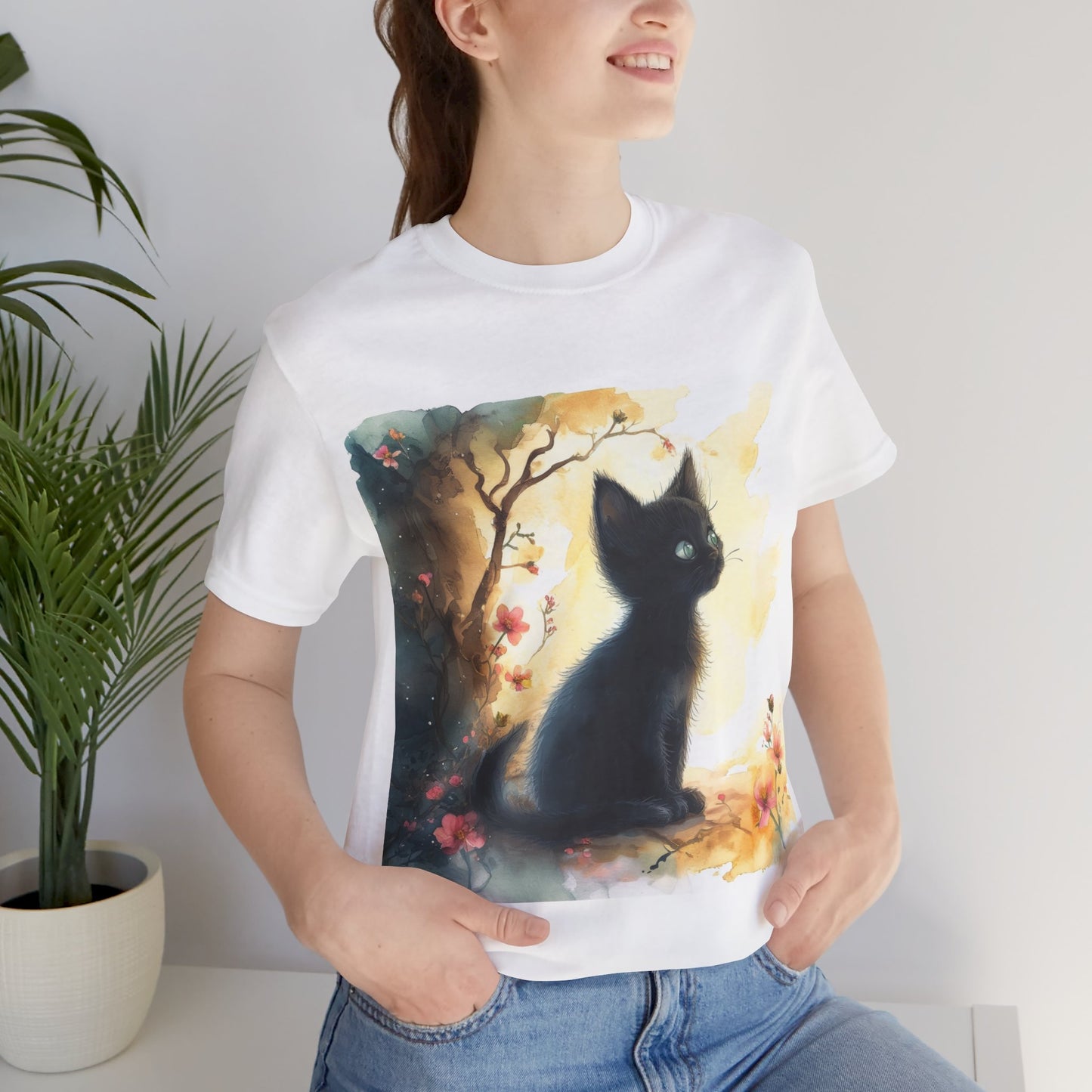 Floral Black Kitten Unisex Jersey Short Sleeve Tee