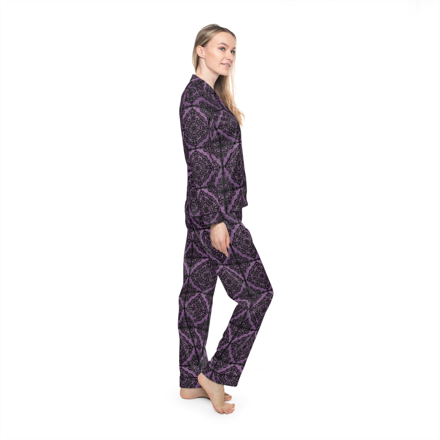 Intricate Black and Purple Pattern Women's Satin Pajamas (AOP)