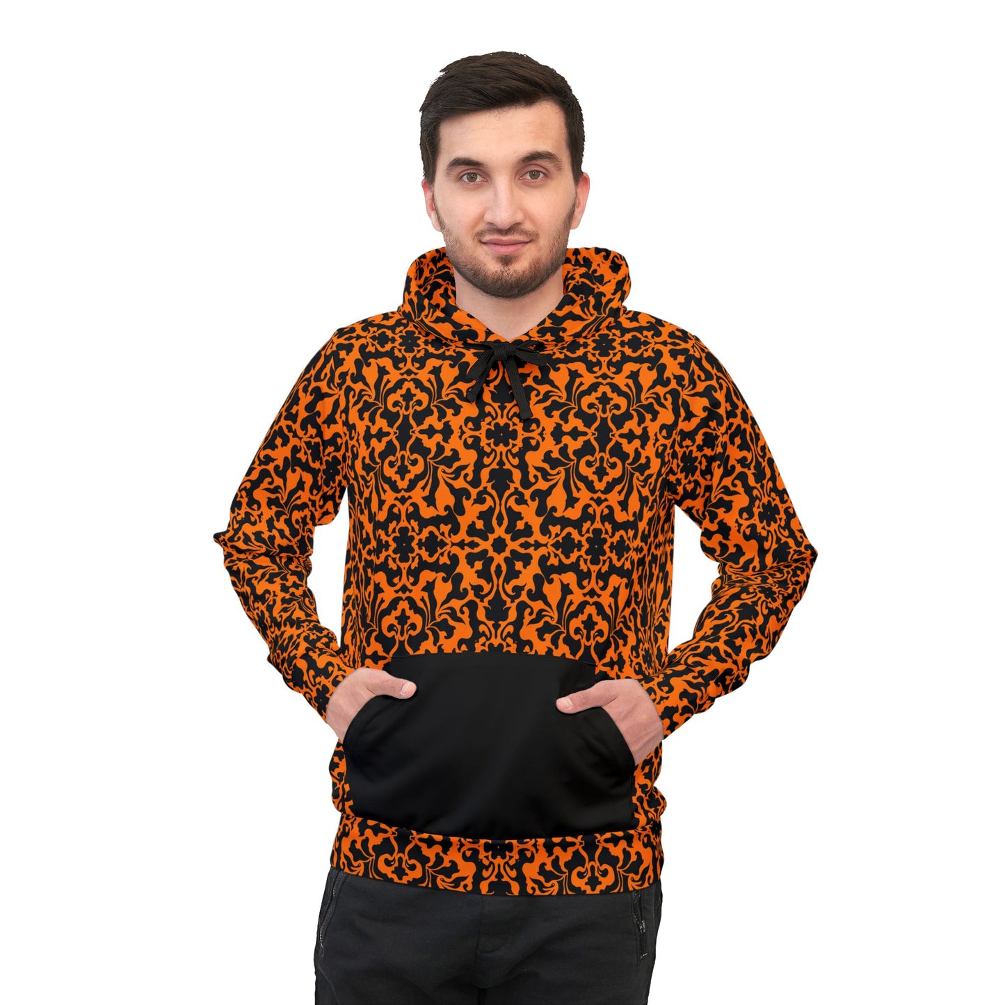 Orange and Black Victorian Damask Pattern Athletic Hoodie (AOP)