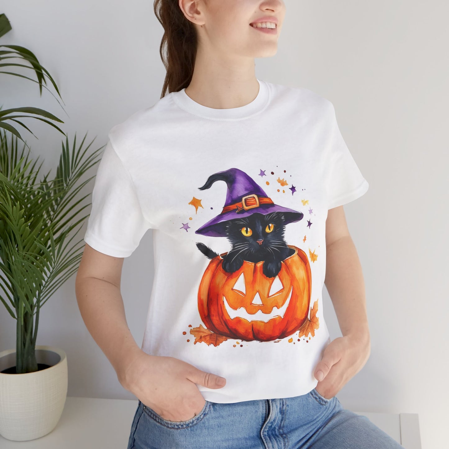 Cute Halloween Cat Jack o Lantern Unisex Jersey Short Sleeve Tee