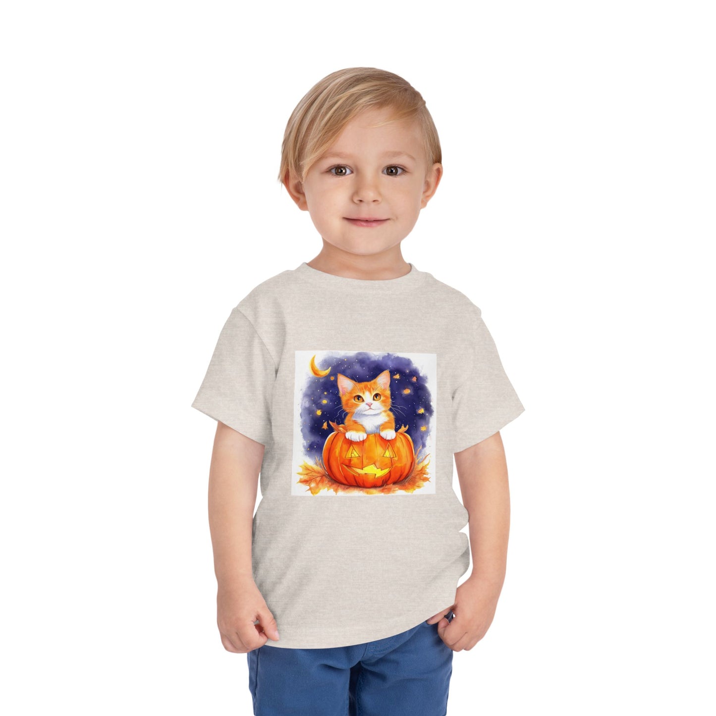 Fuzzy Halloween Pumpkin Cat Toddler Short Sleeve Tee