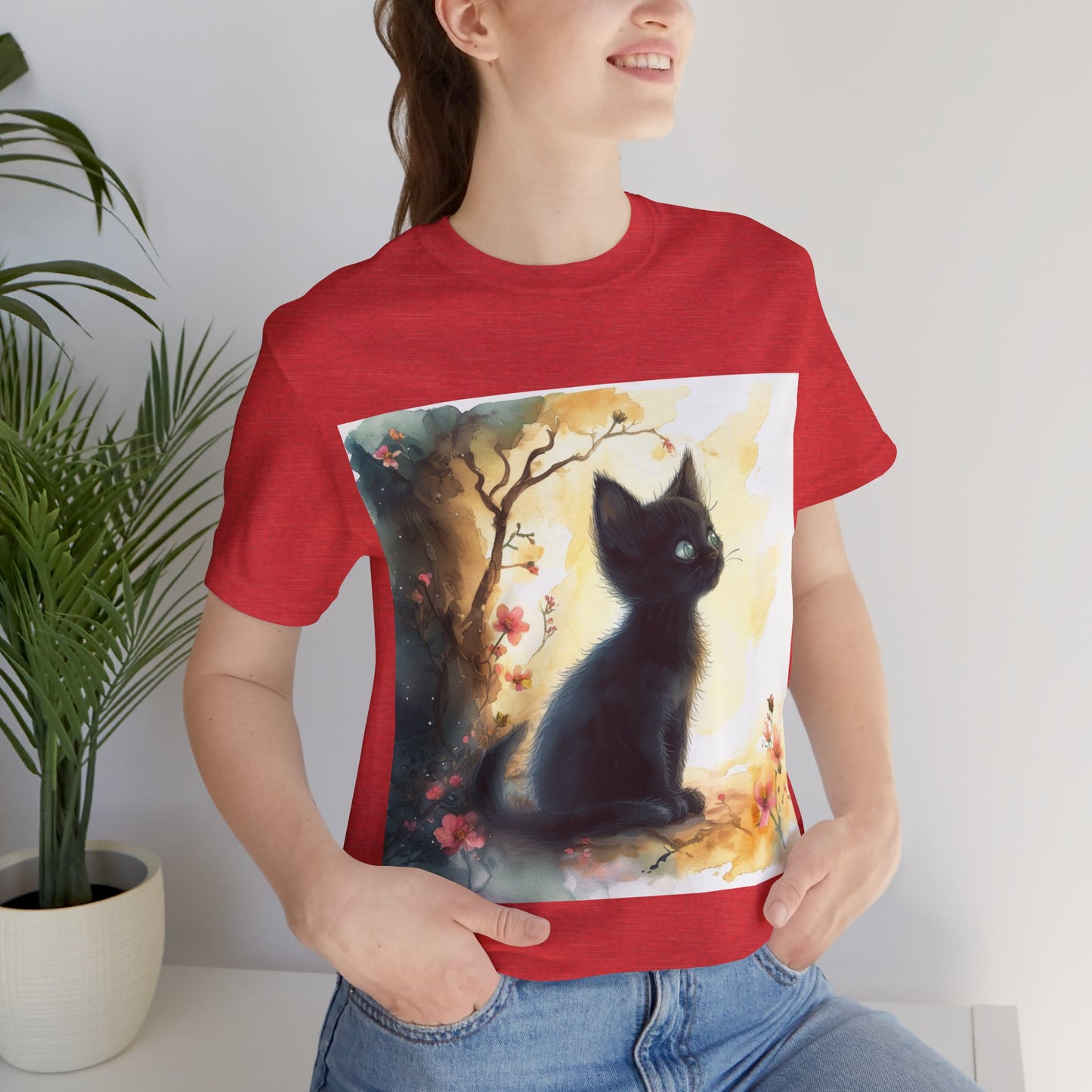 Floral Black Kitten Unisex Jersey Short Sleeve Tee